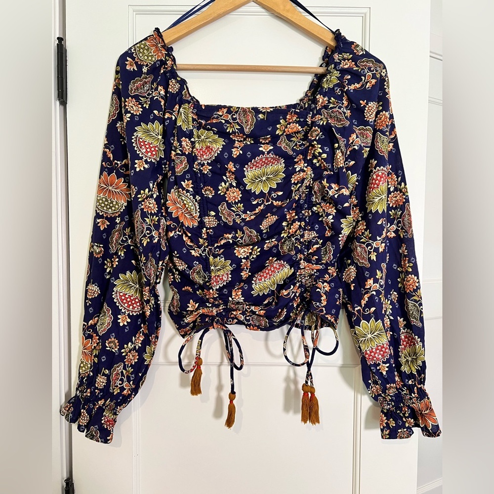 Navy Floral Drawstring Peasant Blouse
